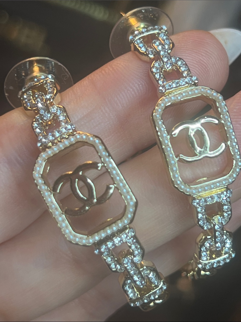 Gold-Tone Crystal Chain Hoop Earrings with Interlocking Logo